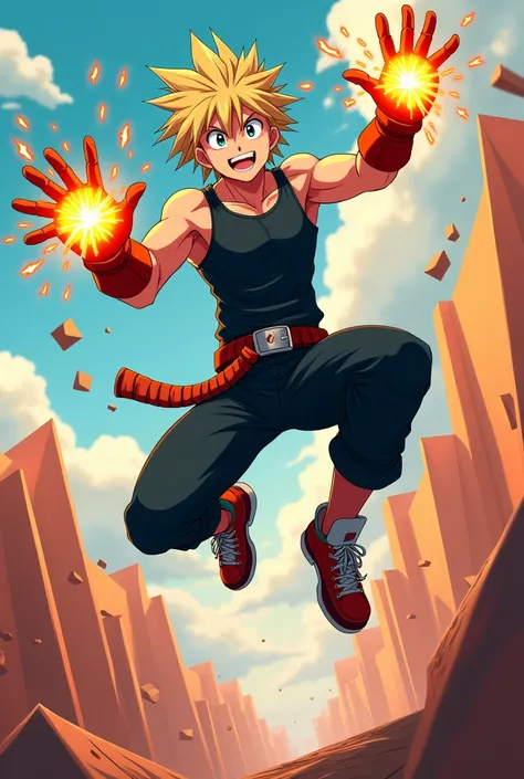 bakugou katsuki jumping with his hands back, smiling with explosions in hands in papercraft
