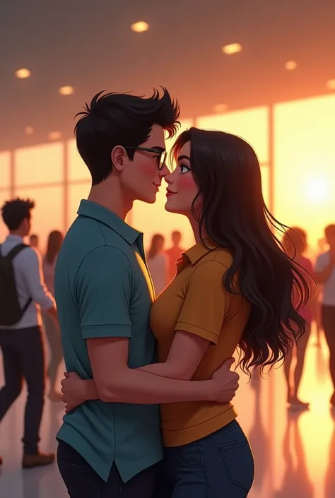 Couple of boyfriends, the chubby not obese girl with long black hair on the polo her name "Jimena" and the boy with black hair and glasses on the polo shirt his name "Ramiro", meeting at the airport



