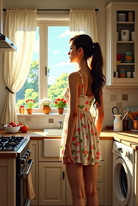 I will portray a young woman, stopped in the kitchen at home, enjoying a view from the window, wearing a flower dress, with a tights marking