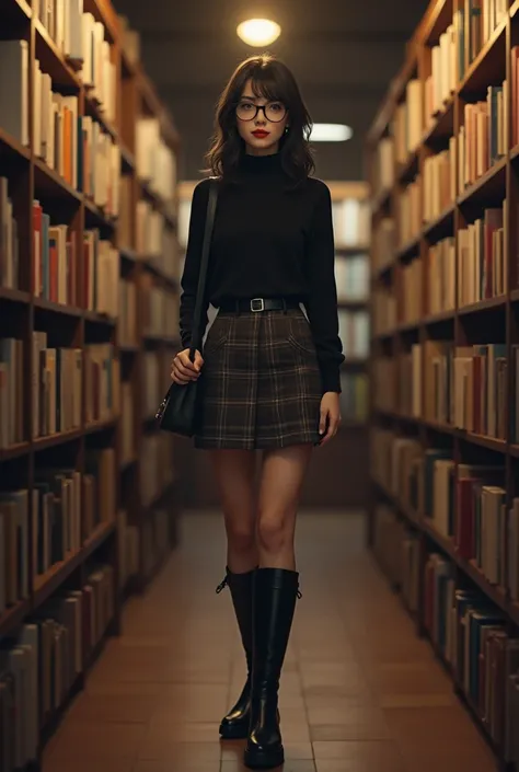 Anime single beautiful women bookstore plaid skirt black tutleneck black boots glasses

