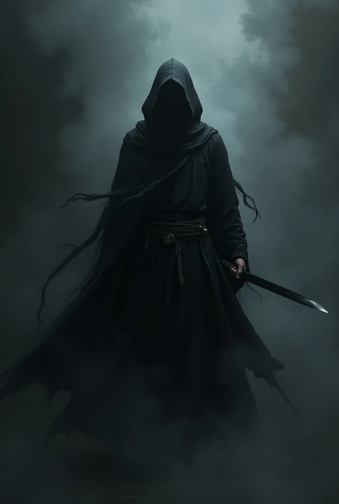 A mysterious man wearing a black robe and carrying a katana, and only has one right arm, and is surrounded by black mist. 