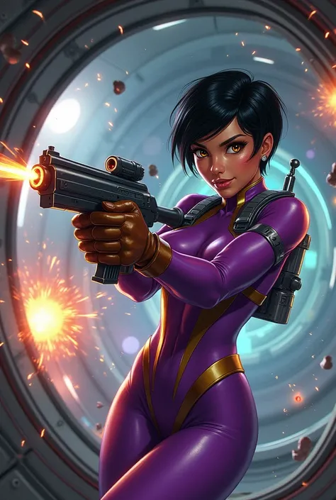 Illustrate Space Nisha, the female space adventurer, engaged in an intense shootout with alien enemies inside the metallic, futuristic interior of a spaceship. She is wearing her shiny, deep vibrant purple bodysuit with a wide gold stripe down the front, h...