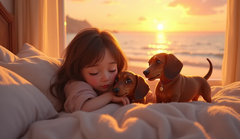 A girl is raising two miniature dachshunds.、On the bed with the sea and the sunset in the background