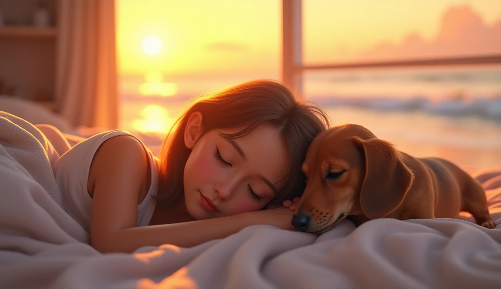 A girl is raising two miniature dachshunds.、On the bed with the sea and the sunset in the background