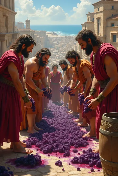 high resolution, masterpiece, Trojan environment, a group of people macerating grapes for their wine