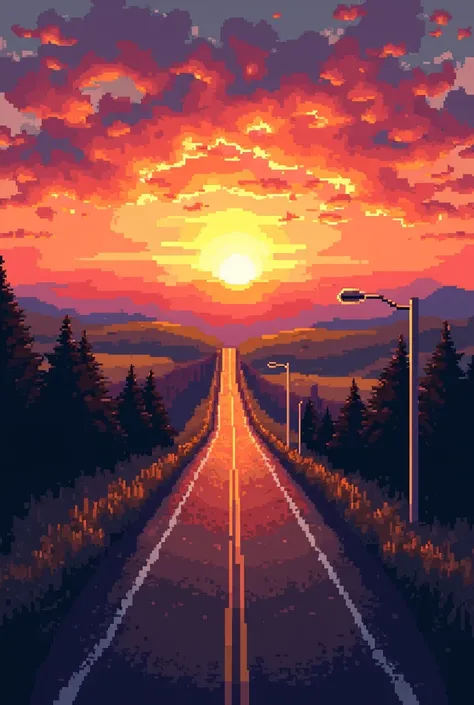 Pixelated sunset view from a highway