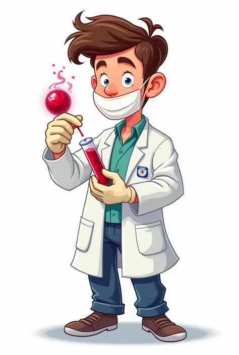 Cartoon drawing of a clinical laboratory technician with his PPE gloves, wearing a mask and a lab coat while analyzing a blood sample, that has no background in png