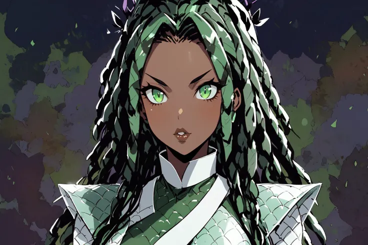 Fitness woman with dark skin tone with serpentines features, thick lips, white and green dragón scale martial clothes, black dreadlocks, green ayes.



