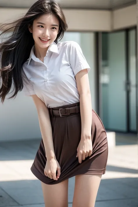 1girl, thai university uniform, hyper-realistic, white short-sleeve button up shirt:1.2, black pleat japanese school short skirt:1.4, silver shirt buttons:1.2, silver minimal plain plate belt buckle:1.2, black long straight messy hair:1.2, masterpiece, bes...