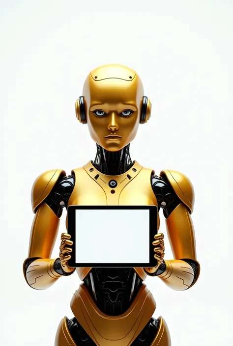 An expert advisor gold robot holding a tablet with a white background 