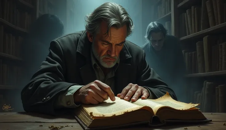 "A man nervously reading from an old, crumbling book, unaware of the shadowy figures gathering behind him."