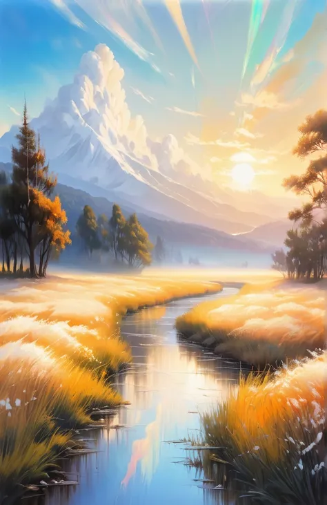 White Wind，spiritual，Sacred atmosphere，Morning Glow，Landscape painting，masterpiece, Anime style oil painting, Wide-angle shot, Tyndall effect, Holographic White,Illustration effect for posters and magazines, 