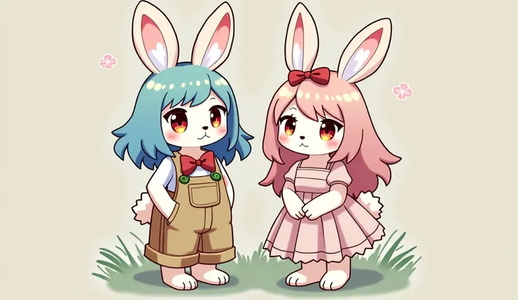 1.	Character Design • Character on the left（A rabbit with blue hair and overalls）Please draw the figure standing from the front.。The attire remains the overalls and red ribbon.、Please do not change the character&#39;s pose or style.。
	• Character on the ri...