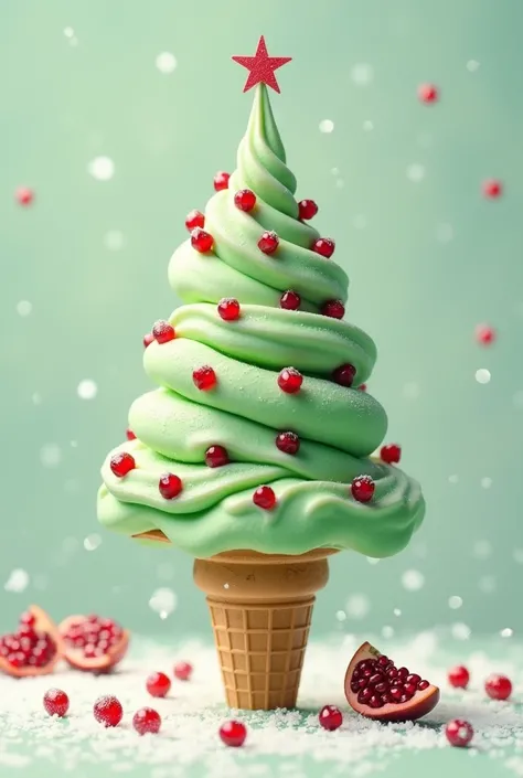 Ice cream pretending to be a Christmas tree with red pomegranate seeds

