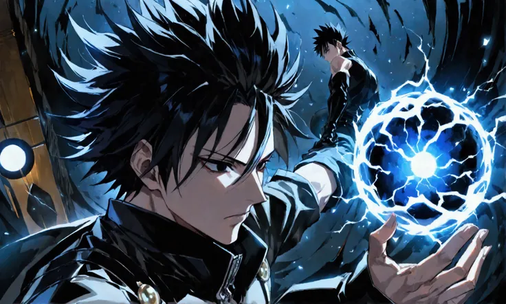 Seeing from the right, adult male, a character up to the waist, holding a black dark sphere of energy with lightning parts like a lightning bolt illuminating around the sphere and in the middle of it, as if it were destroying the sphere and dodging, but it...