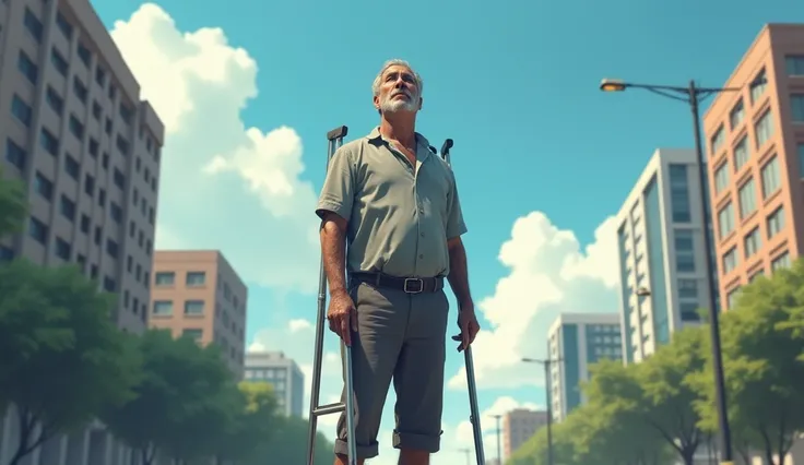 man on crutches with a stiff leg in the present day looking at the sky 
 