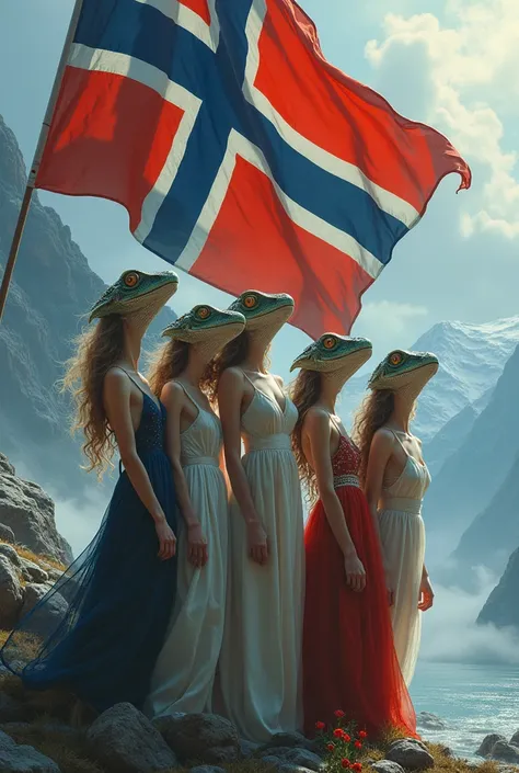 4 beautiful girls with lizard eyes who are holding the Norwegian flag