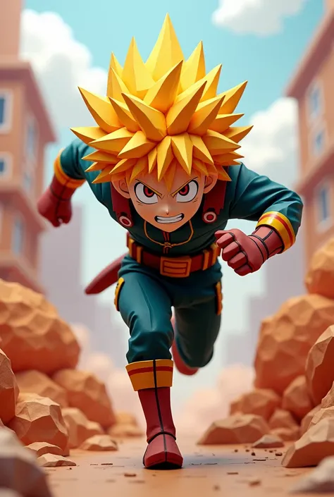 bakugou katsuki running and smiling made in origami paper or papercraft
