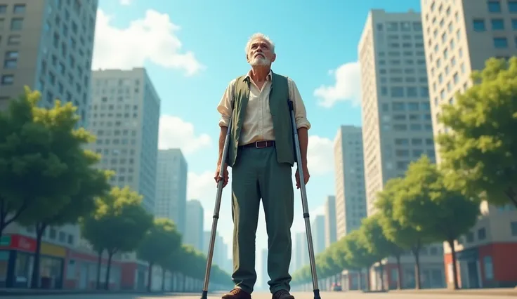 man on crutches with a stiff leg in the present day looking at the sky 
 