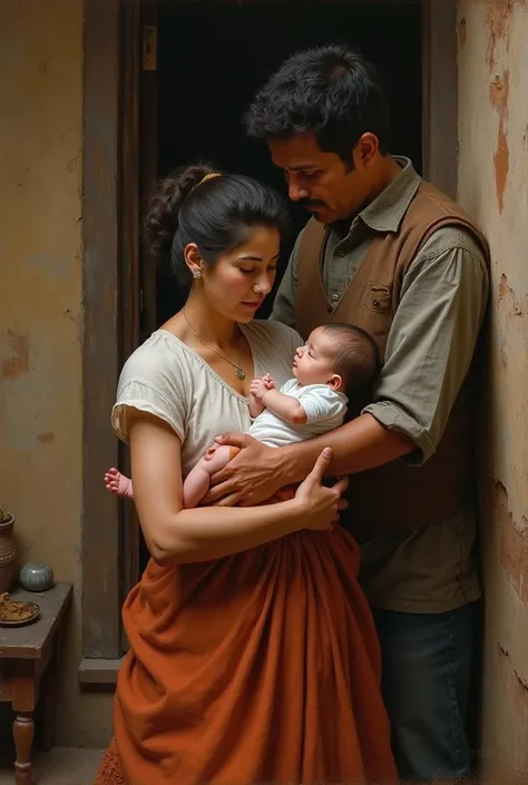 Birth of a child with both parents in the arms of his mestizo mother before the independence of Peru


