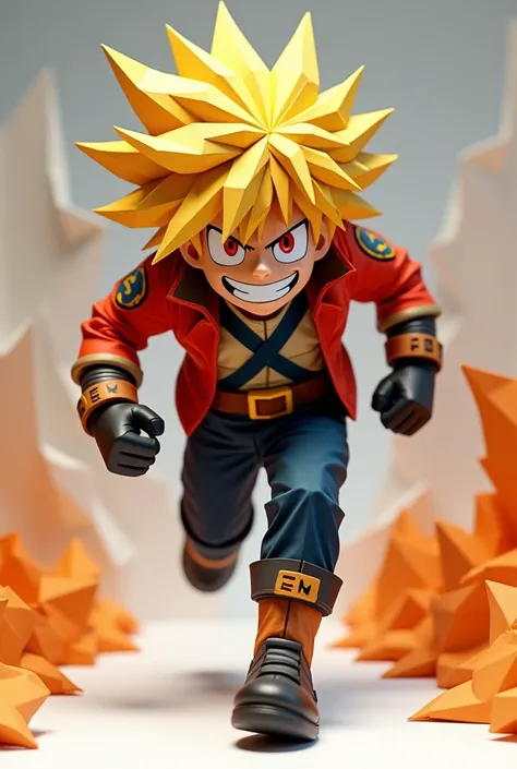 bakugou katsuki running and smiling made in origami paper or papercraft
