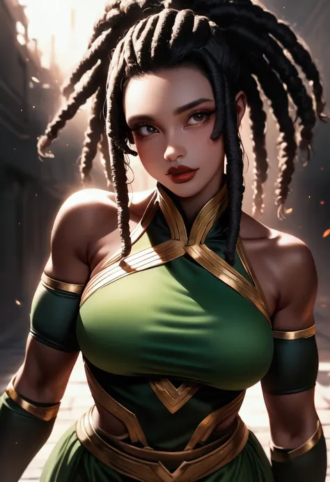 Fitness woman with dark skin tone with thick lips, serpentines features, white and green dragón scale martial clothes, black dreadlocks, green ayes. 