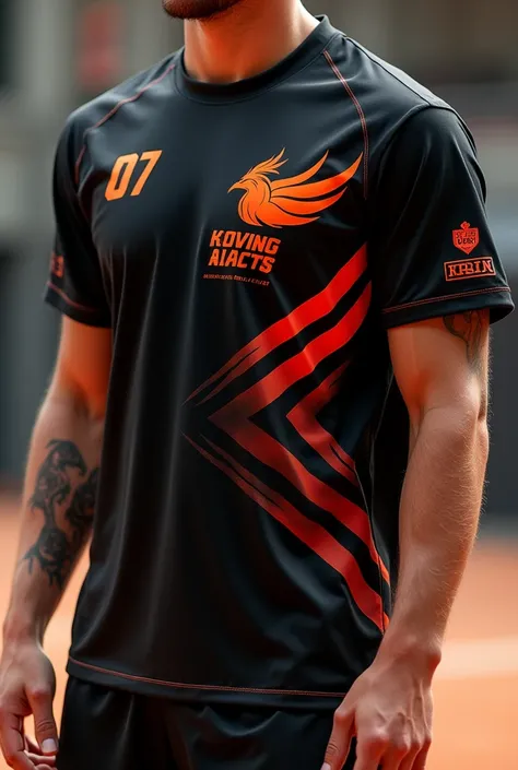 Volleyball team shirt in black with orange and red details with a discreet design of a phoenix with the name 07 in the corner of the shirt 