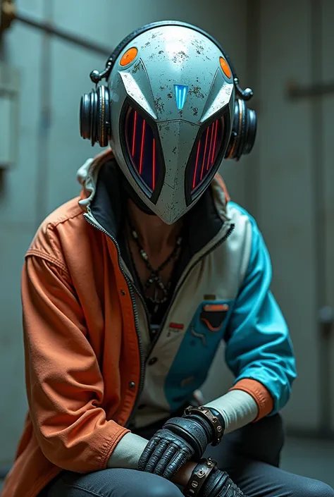 1. Mask/Helmet Shape and Style: Given the futuristic context with 80s aesthetics/90, the mask can have an angular and geometric design, reminiscent of motorcycle helmets or protective gear from that era. She may have a neon display, like a LED screen, that...