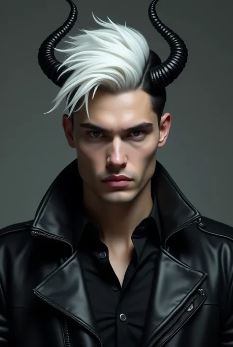 create realistic image of a handsome man with hair on one side white and the other black, his eyes should be on one side black and the other white with horns on one side black and the other white, dressed in a black leather jacket