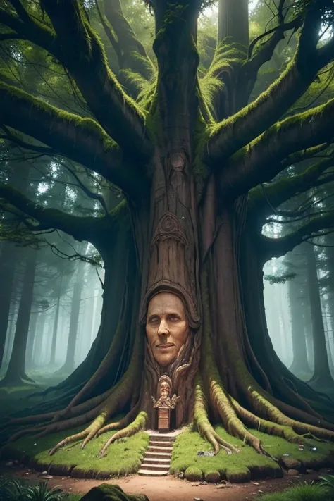 "A massive ancient tree with a carved, friendly face on its trunk, speaking with a deep, resonant voice. The tree is surrounded by a mystical glow, and the forest background is lush and detailed, adding to the grandiose and magical atmosphere. —ar 16:9"