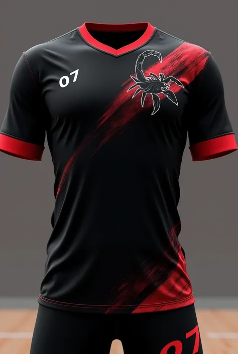 Volleyball team shirt in black with red details with a discreet design of a scorpion with the name 07 in the corner of the shirt 