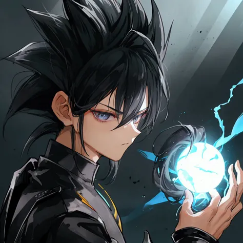 Seeing from the right, adult male, a character up to the waist, holding a black dark sphere of energy with lightning parts like a lightning bolt illuminating around the sphere and in the middle of it, as if it were destroying the sphere and dodging, but it...