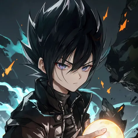 Seeing from the right, adult male, a character up to the waist, holding a black dark sphere of energy with lightning parts like a lightning bolt illuminating around the sphere and in the middle of it, as if it were destroying the sphere and dodging, but it...