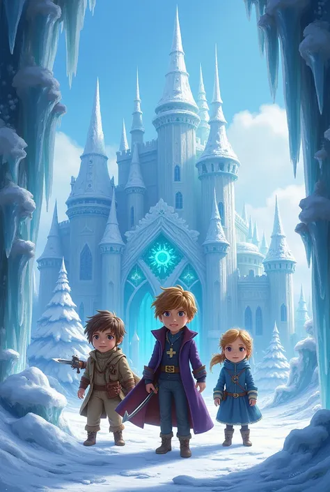 Ice city behind an ice castle and 4 brothers (Rey Peter , Prince Edmond , queen and the littlest princess) 
