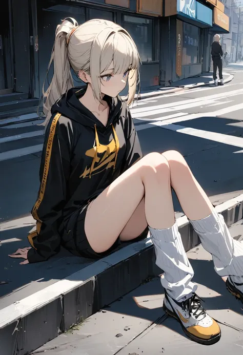 (1girl,slim,small breasts,platinum_blonde ponytail hair,side bangs,Slope_eye),(black hoodie,barelegs,under knee loose socks),at street,BREAK,conceptual art, masterpiece, Super Detail, Attention to detail, high quality, highest quality, High resolution