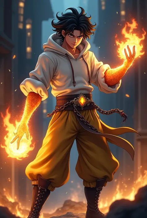 Boy age 20, 1.90 high, white latin, brown eyes, deep and cute eyes, white hoodie big sleeves, kendo dark yellow pants, only right demon arm, arms on yellow flames, belt with a yellow crystal, chains around the belt, athletic, magic powers, action, cunning ...