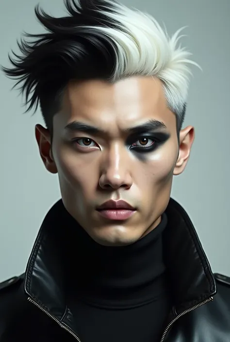 create realistic image of a pretty asian man with hair on one side white and the other black, his eyes should be on one side black and the other white, dressed in a black leather jacket