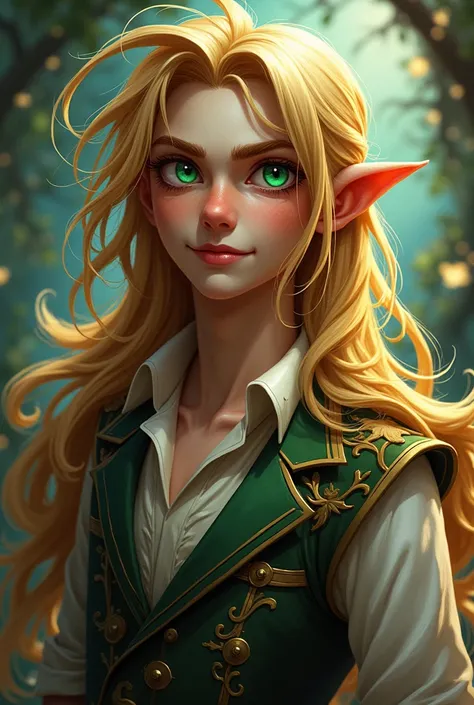 bard, man, long blonde hair, green eye, cute and sarcastic