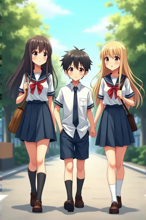 Three friends walking to the school, Two girl one boy, short boy, tall girl, school uniform, boy in middle girls on both sides, black hair colour boy, feminine face boy, brown hair colour girl on right, blonde hair colour girl on left, girl on left height ...