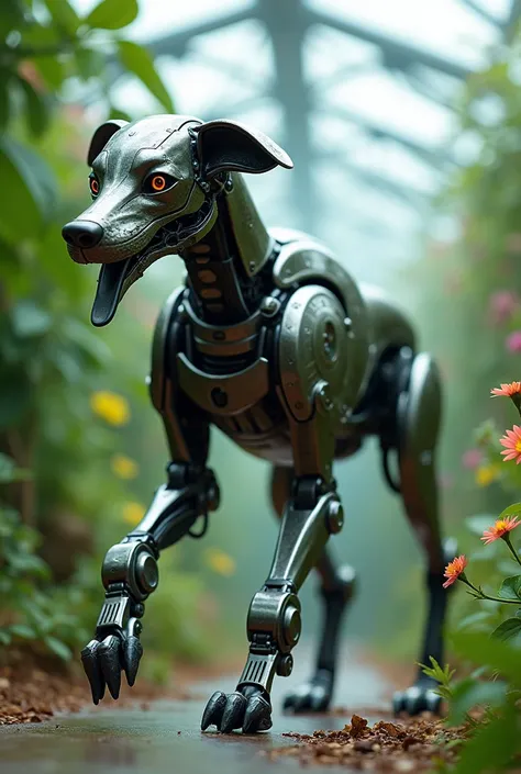 Mechanical Dog Creature, Mechanical Body: 1.2), In a technologically advanced greenhouse, clear and white, captivating, dynamic movement, full body, award-winning, cinematic static, emotional, vignette, dynamic, vivid, (masterpiece, best quality, photoreal...