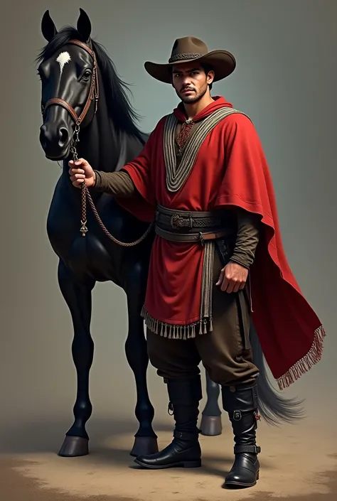 Handsome young man next to a horse. muscular, big and handsome. black Horse. threatening look. Typical Chilean hat. Chilean huaso costume. Red poncho with black and white stripes, short. threatening. Cabello short, big hands. masculine. Chilean. Black boot...