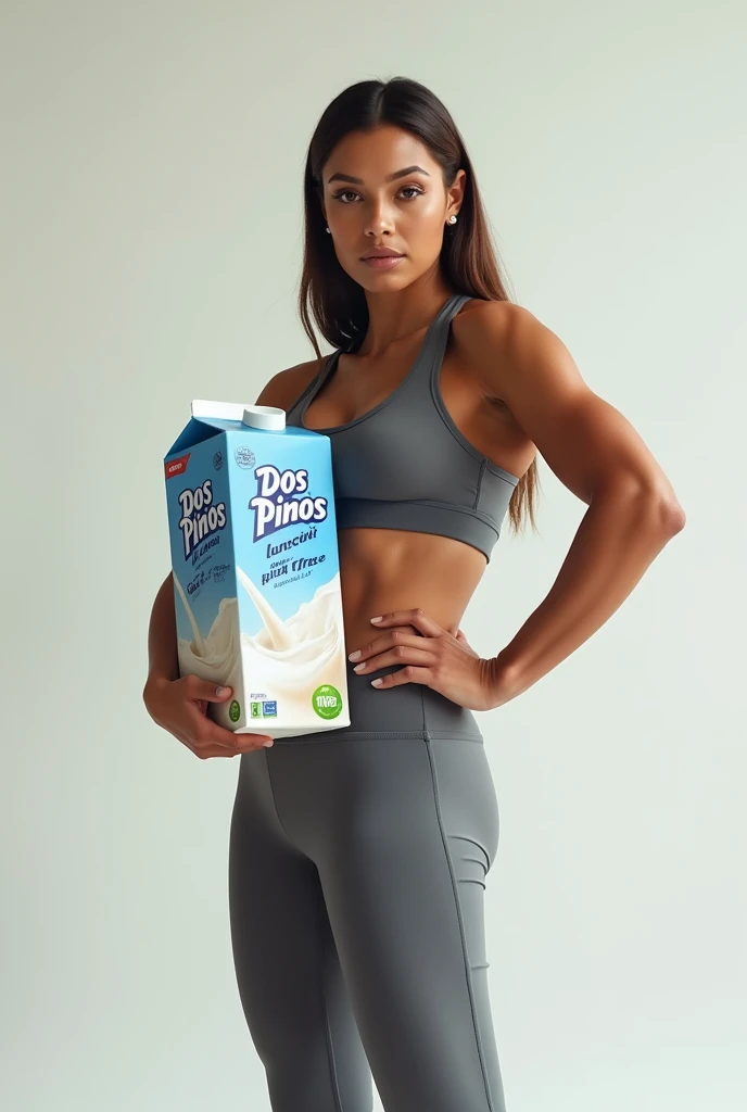 Poster for a lactose-free Dos Pinos brand milk and a person who exercises is promoting it, and that she has long sports clothes and that she also holds her by the waist so that the model is a man 