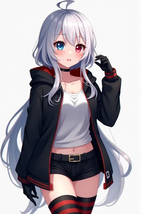 *Connie, anime girl is 1,55, white hair with gray gradient, Front strands longer than those in the back, Short Layered Back, fringe covering his forehead, white and soft skin, eyes of different colors, The left one is blue with a light blue gradient, the r...