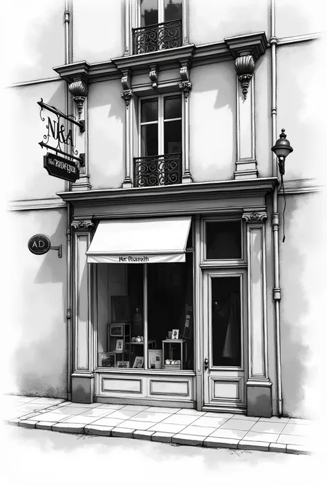 Sketch of a Parisian boutique facade in black and white, with vintage windows in front