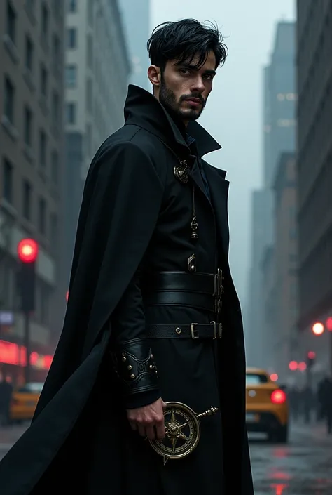 A character card, Shadowhunters style. A young man with black hair and a beard. He holds an ancient bronze compass in his hand, with a serious expression His outfit is black and modern, with details that refer to the mystical world. He is watching the dark...