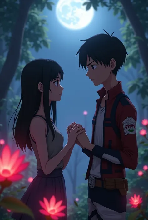 (*this is base on Attack on titan Anime
A 3d picture)


 Mikasa Ackerman and
A  Eren Yeager sitting 
Down on a green eyes in a beautiful 
Forest at night and the red pink 
And purple flower glow at night 
And Mikasa her holding Erens Yeager 
Hand while cry...