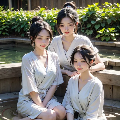 Two young women relaxing in a traditional Japanese open-air bath。The woman is in her early 20s、Black hair tied up in a loose bun。White towel wrapped around the body、Take a bath.、One of them is smiling kindly over his shoulder..。Have a slim build、Has Asian ...