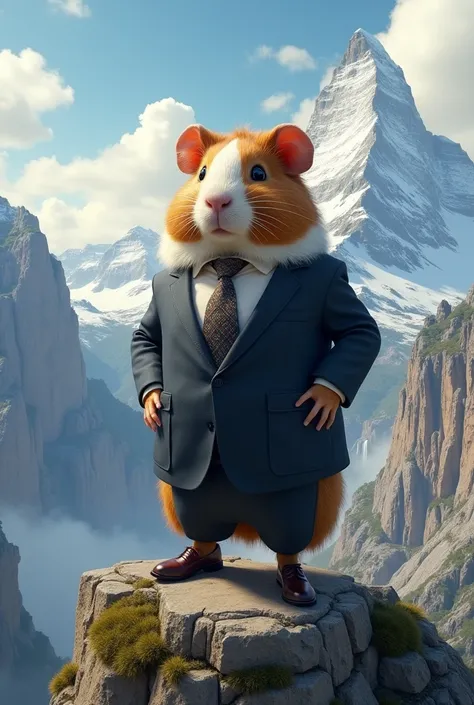 A guinea pig in a suit, on a mountain background 
