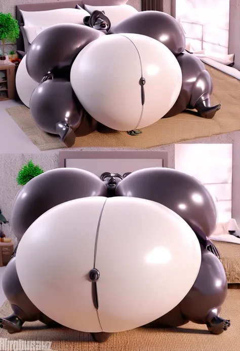 (3D render) (inflation fetish art) an immensely wide and obscenely obese, inflatable woman made of rubber. The woman is becoming immensely and enormously overinflated as she is laying on her back in bed, wearing nothing at all.  Her belly, enormous breasts...