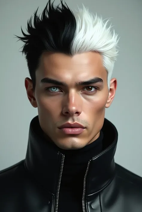 create realistic image of a handsome man with hair on one side white and the other black, his eyes must be one side black and the other white dressed in a black leather jacket, he must have an idol face